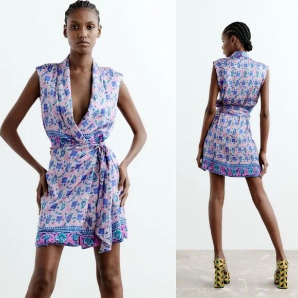 Zara Womens Size S Pasiley Floral Satin Wrap Mini Dress Boho Party Preppy Resort - Picture 3 of 16